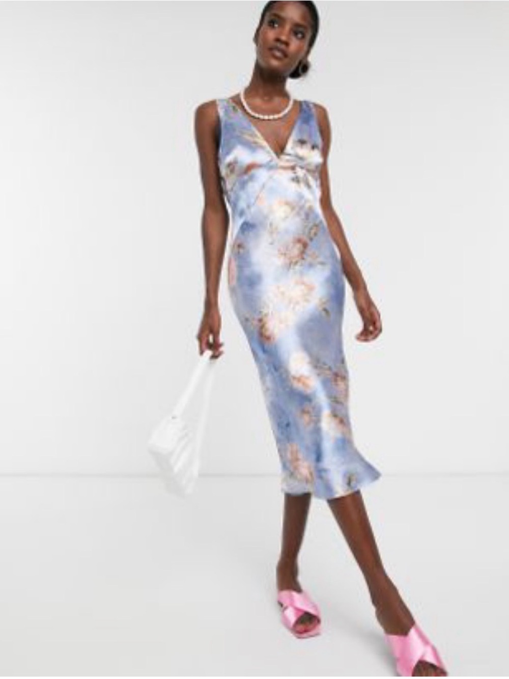 ASOS DESIGN paneled satin midi dress with cowl back in floral print
